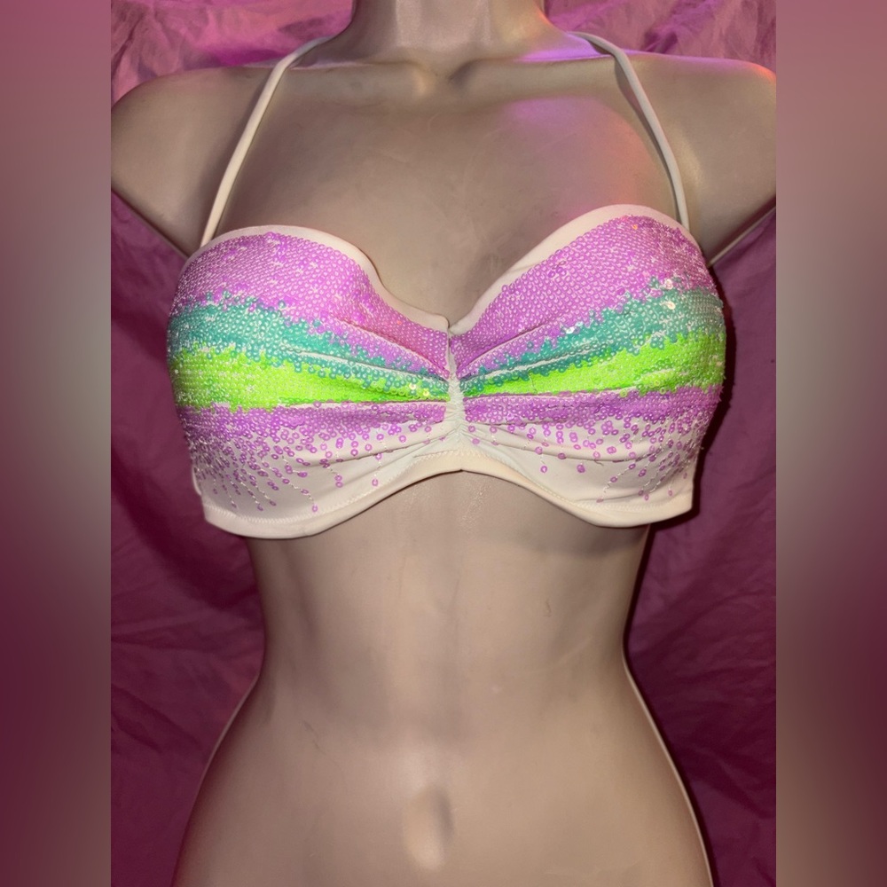 Victoria’s Secret purple green white sequin bling under wire bikini top size 34D